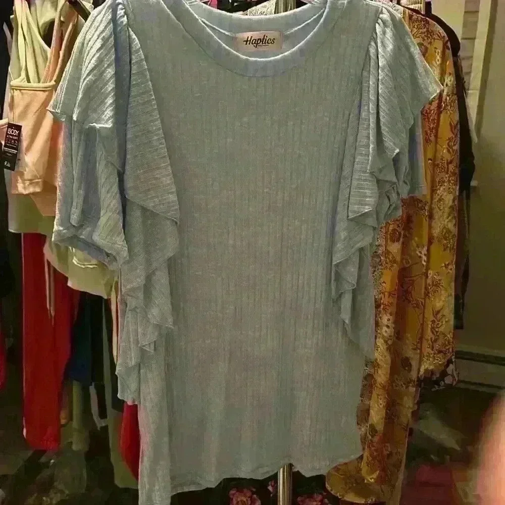 Baby Blue Ribbed Double Flutter‎ Short Sleeve Top - Picture 5 of 6